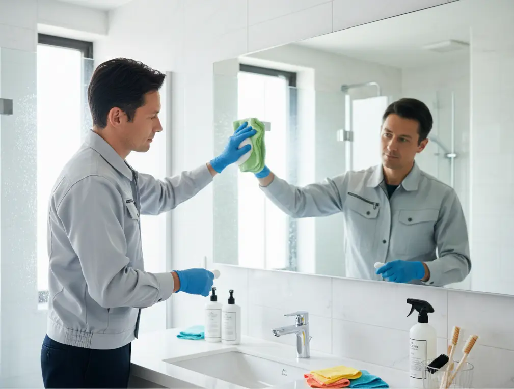 [浴槽の鏡を洗浄している画像]